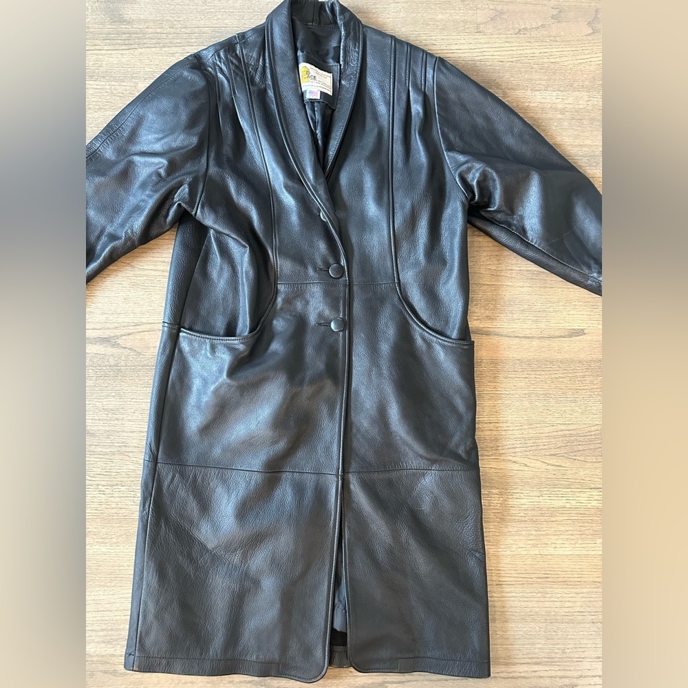 Vintage Genuine Leather W.B. Place Trench Coat-Black-Size Medium - Picture 2 of 10